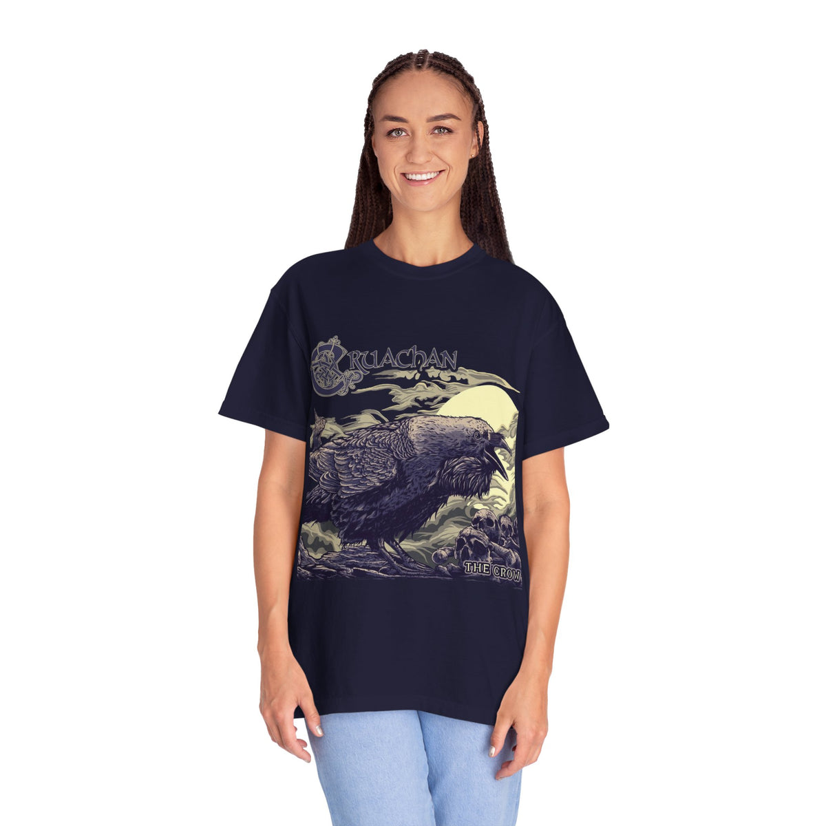 T-shirt avec illustration du corbeau de Cruachan | Folk Metal, illustration de corbeau celte, scène de ciel nocturne