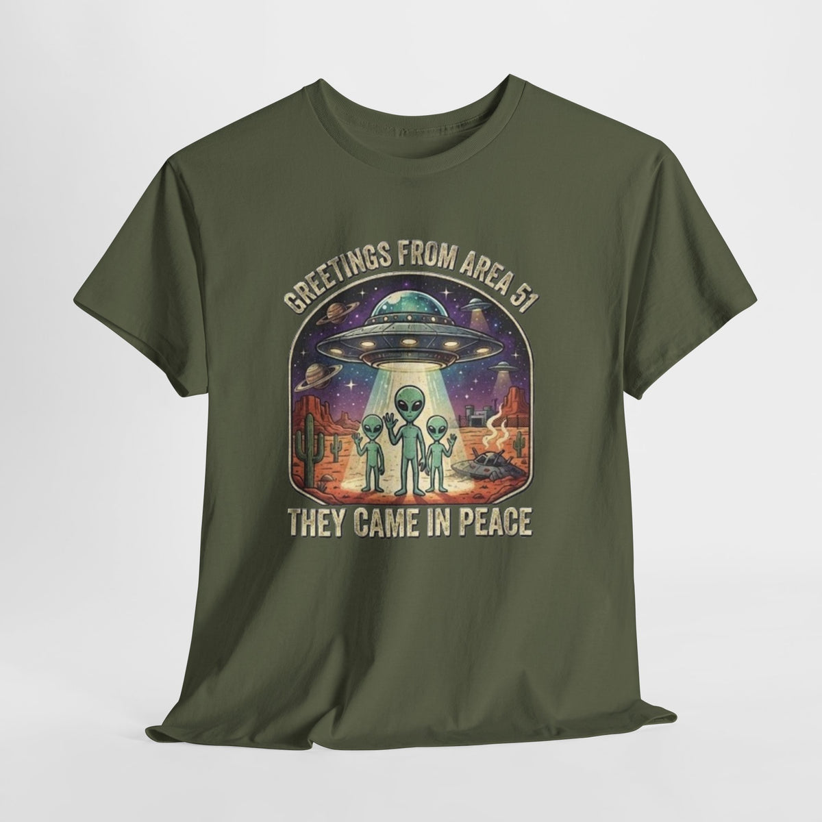 Greetings From Area 51 They Came In Peace Tee | Alien UFO Desert Scene
