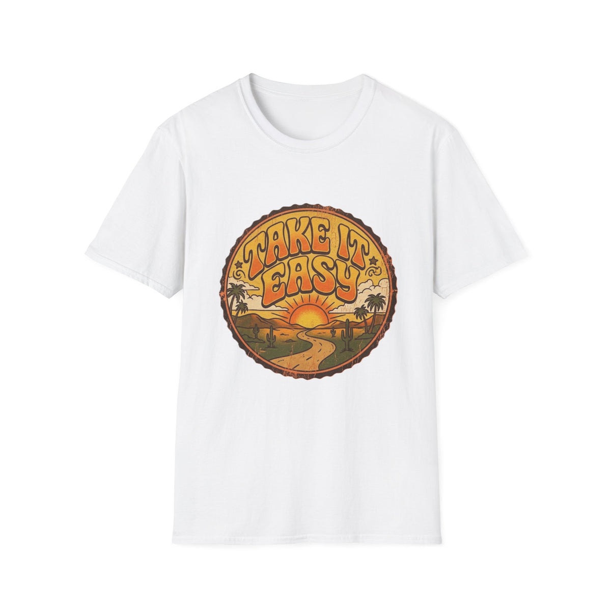Camiseta Take It Easy con carretera al atardecer | gráfico retro de atardecer y palmeras