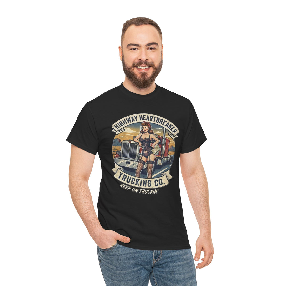 Highway Heartbreaker Trucking Co pinup girl T-Shirt | Trucker Rig Vintage Badge