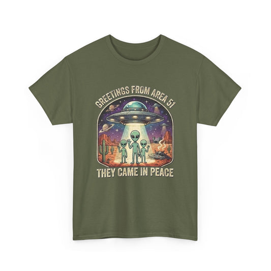Greetings From Area 51 They Came In Peace Tee | Alien UFO Desert Scene