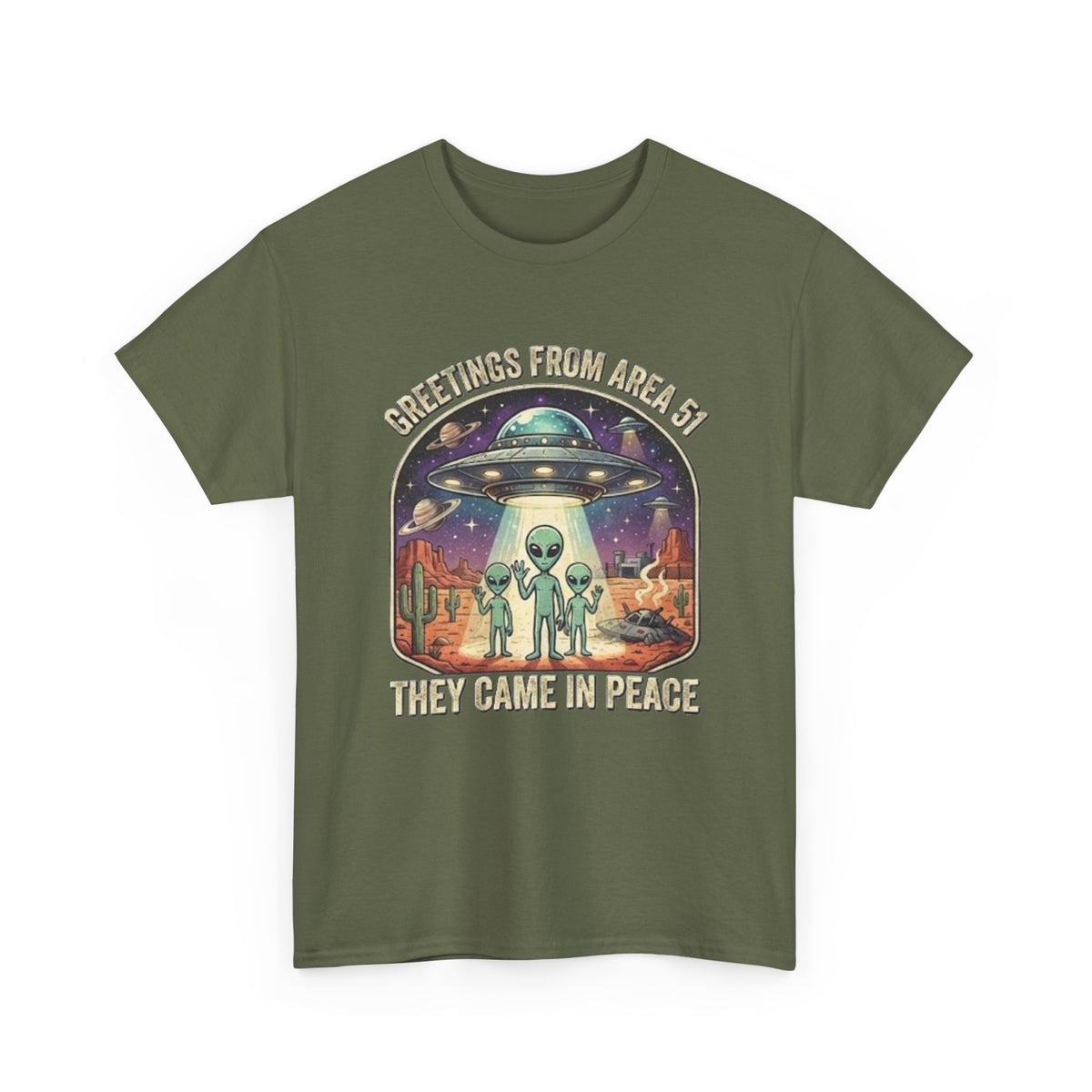 Greetings From Area 51 They Came In Peace Tee | Alien UFO Desert Scene