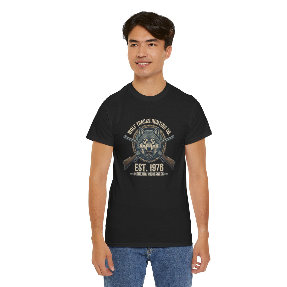 Wolf Head with Crossed Rifles T-Shirt | Hunting Club EST. 1976