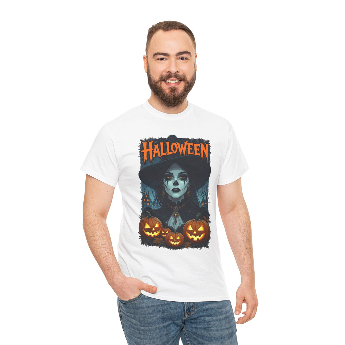 Camiseta de bruja con calabazas de Halloween | Camiseta de arte de calavera de Halloween