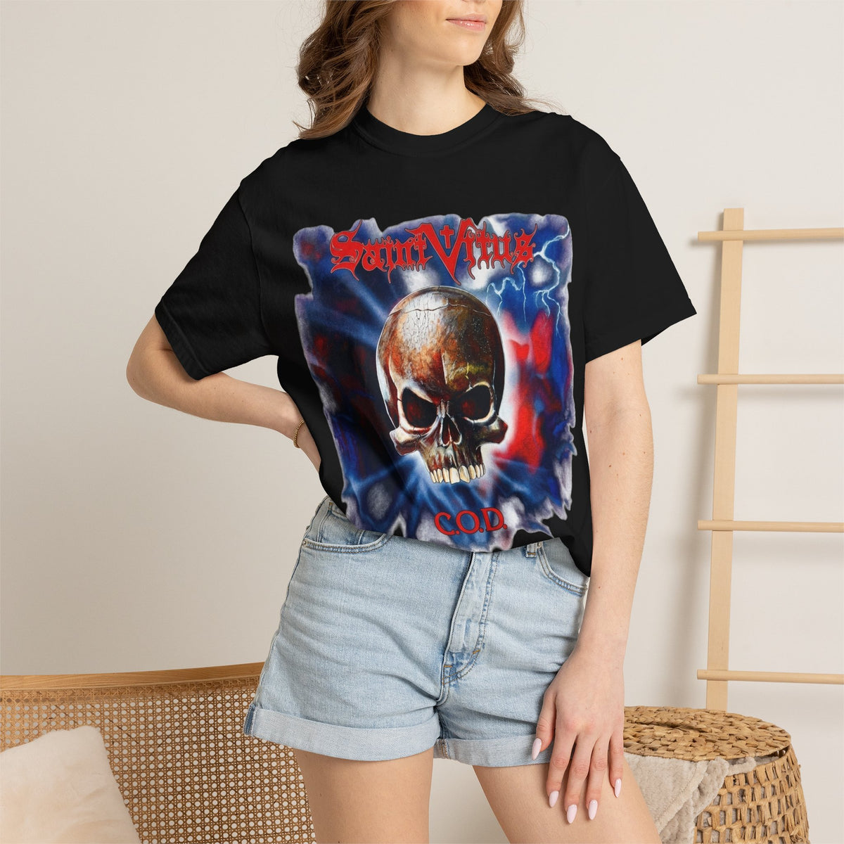 Saint Vitus Skull Graphic T-Shirt - Red Blue Gothic Artwork / Doom Metal Band Tee