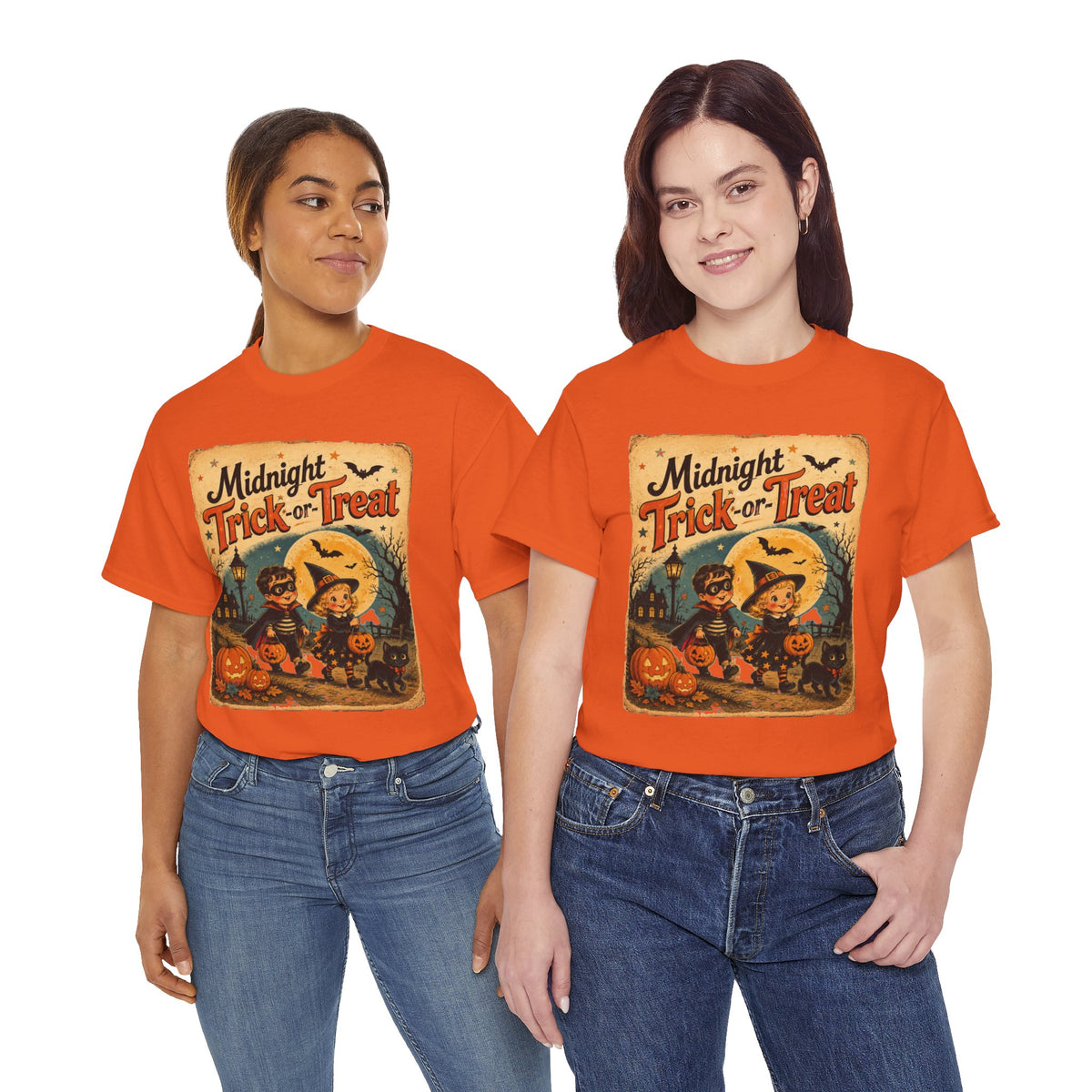 Camiseta de Halloween para niños "Midnight Trick-or-Treat" | Diseño vintage de gato y calabaza