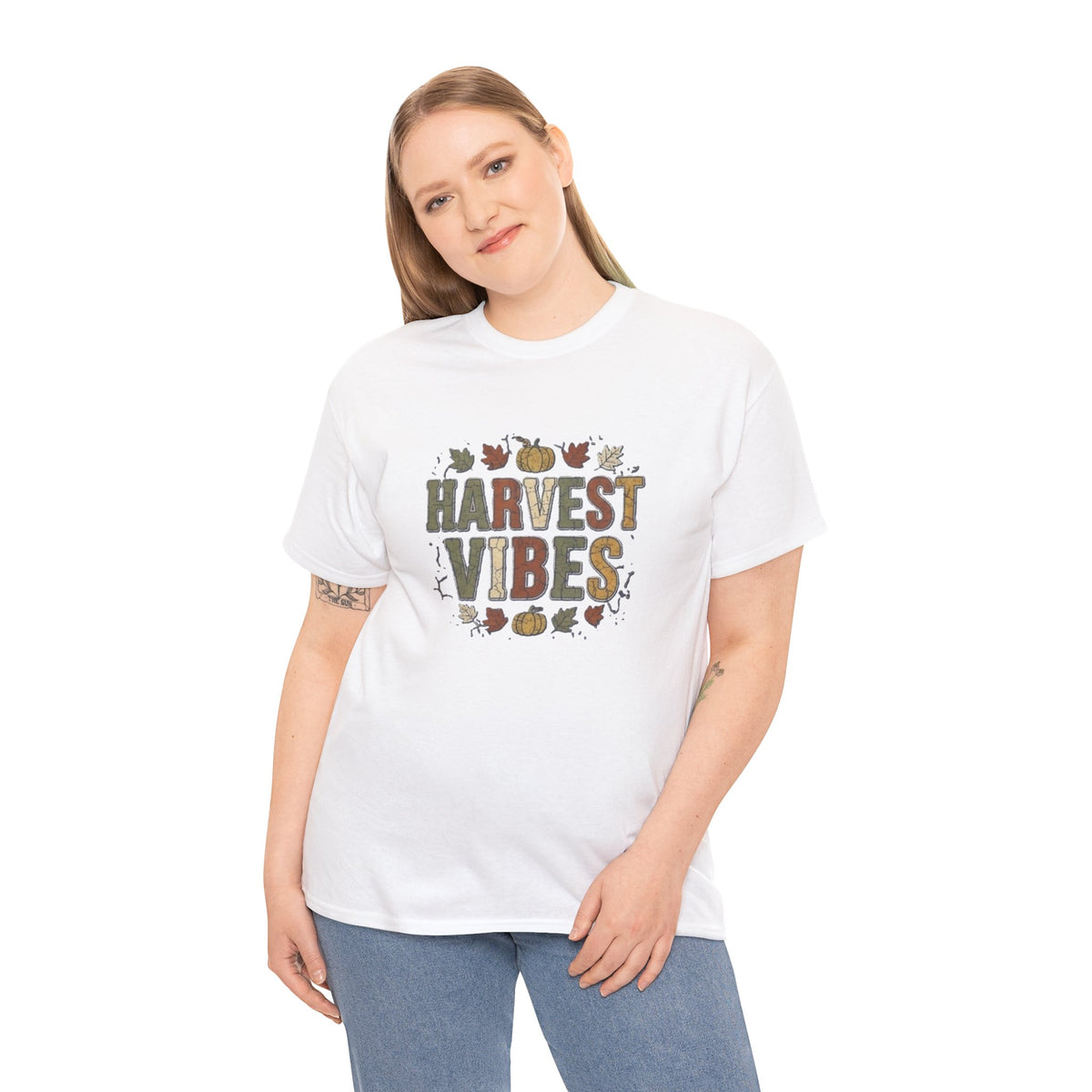 T-shirt "Harvest Vibes" | Haut à typographie automnale avec citrouilles et feuilles d'automne