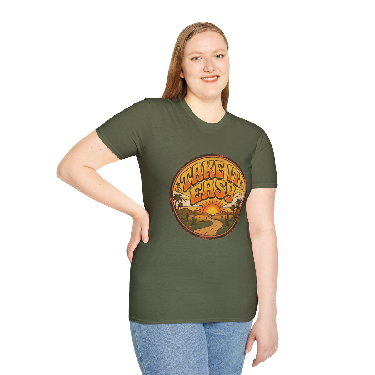 Camiseta Take It Easy con carretera al atardecer | gráfico retro de atardecer y palmeras