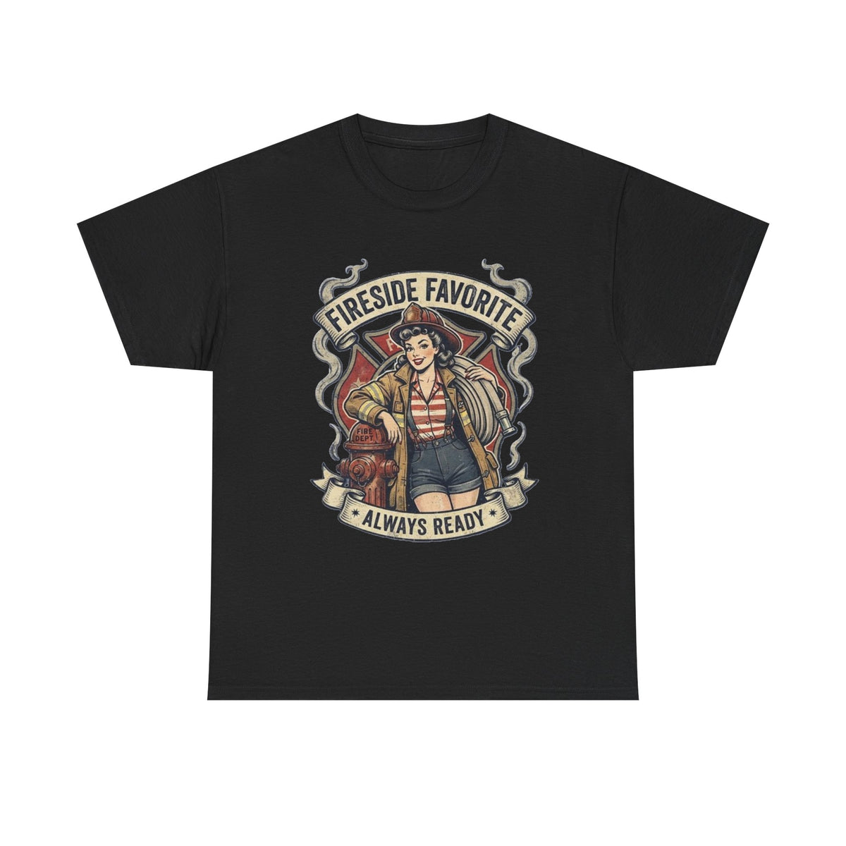Fireside Favorite Pinup Firefighter Tee | Always Ready vintage badge