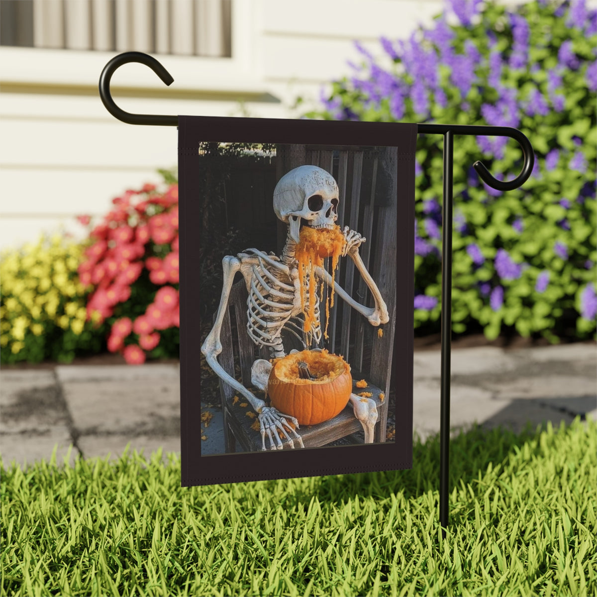 Skeleton Eating Pumpkin Garden Flag | Halloween Outdoor Banner