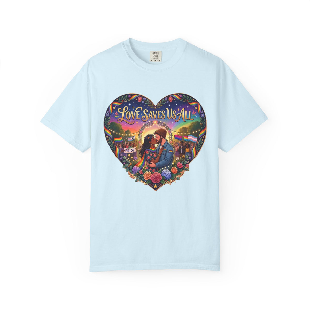 Love Saves Us All heart illustration LGBTQ T-shirt | Romantic couple, colorful sunset graphic scene tee