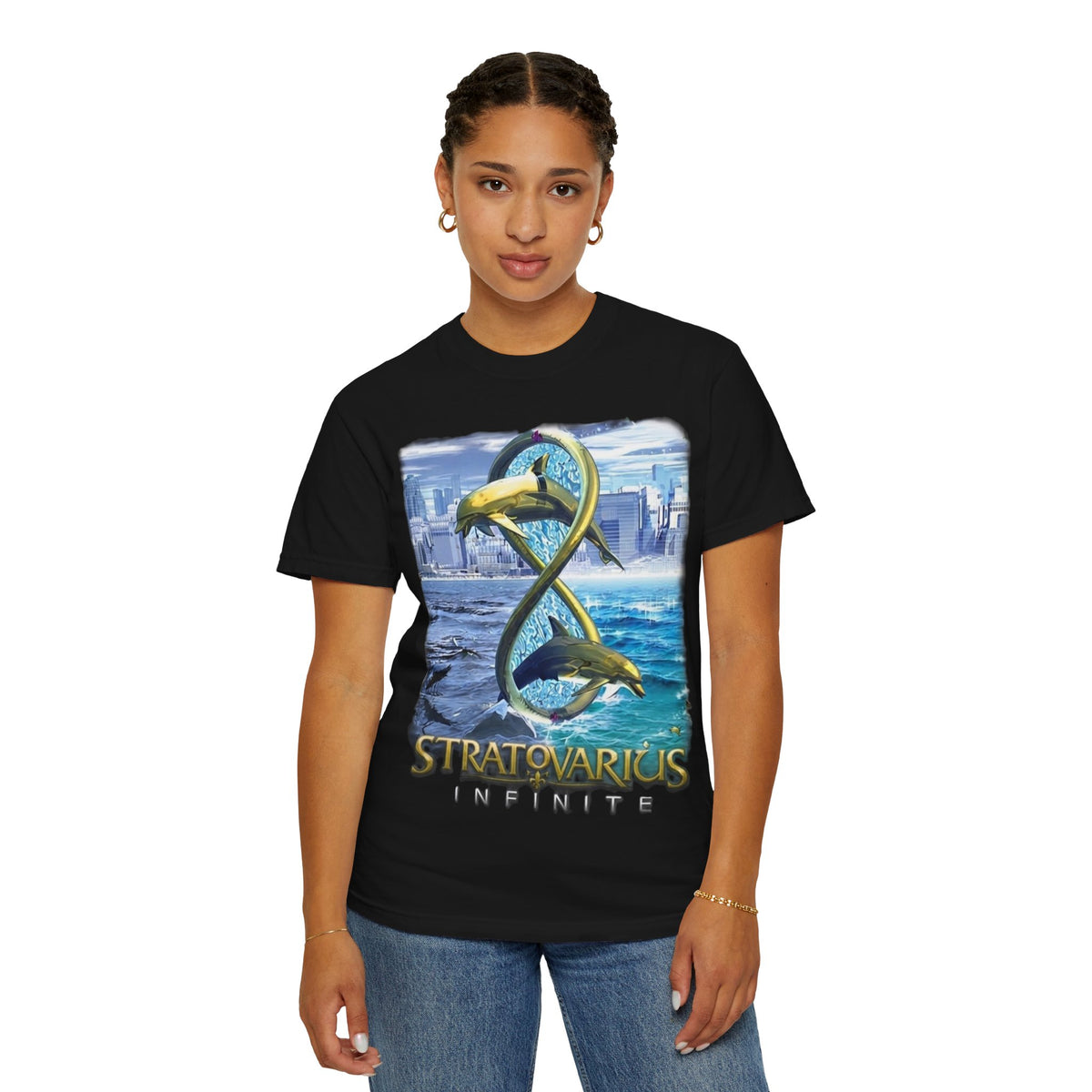 T-shirt Stratovarius Infinite avec logo dauphin | Illustration d'album de groupe de metal