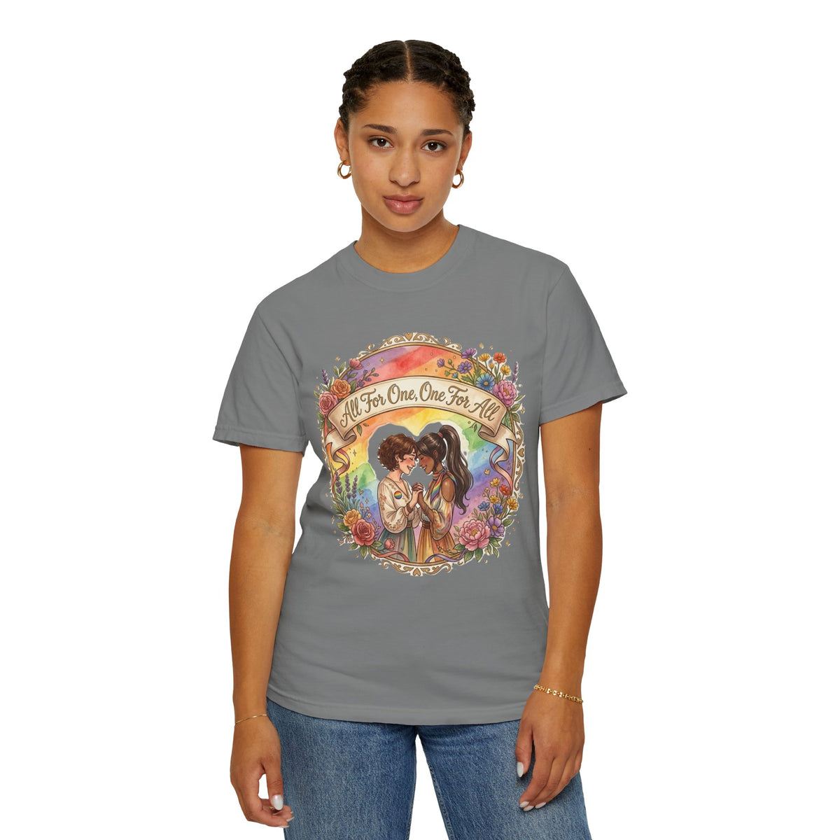 T-shirt Fierté LGBTQ « Tous pour un, un pour tous » | Illustration d'amour, motif de cœur floral