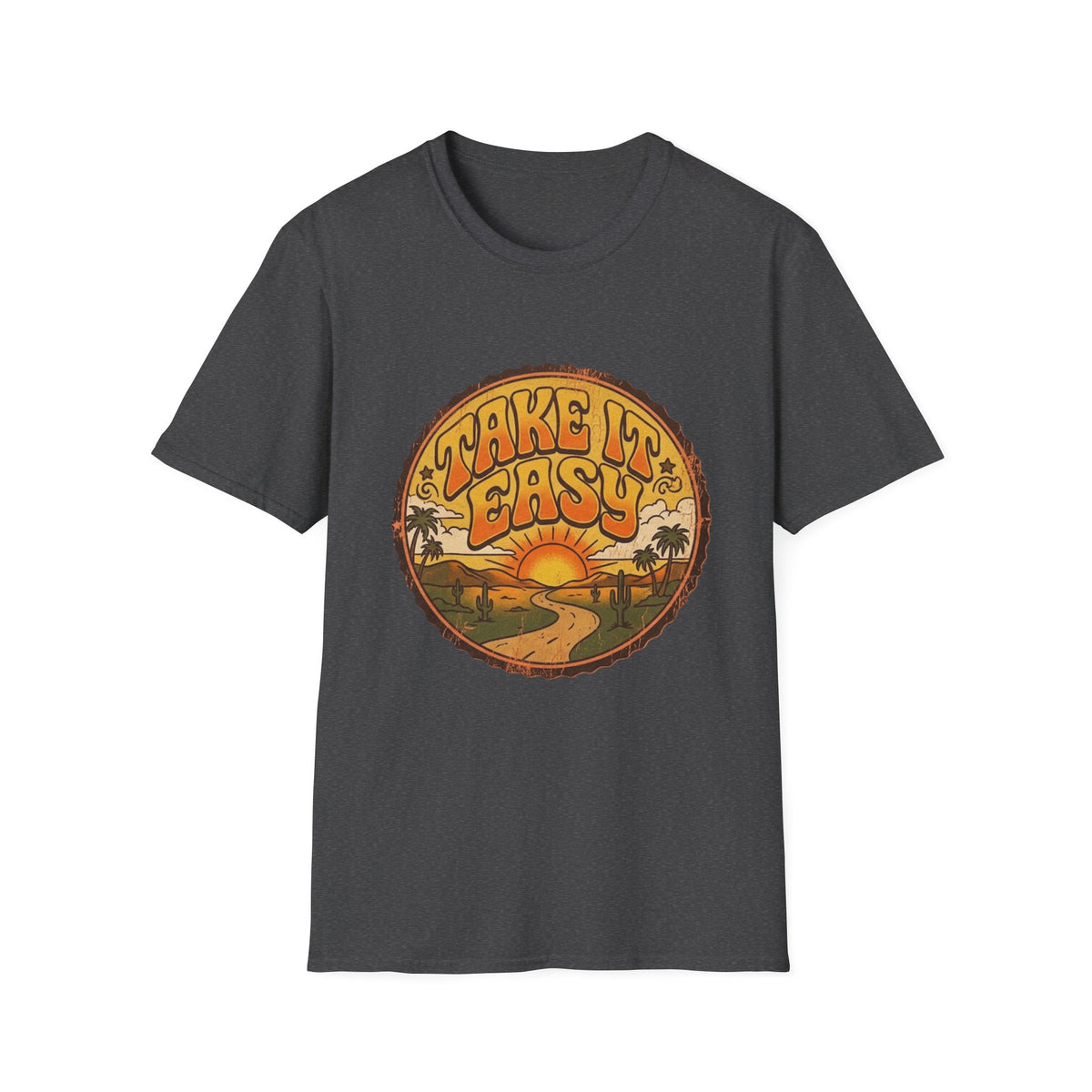 Camiseta Take It Easy con carretera al atardecer | gráfico retro de atardecer y palmeras