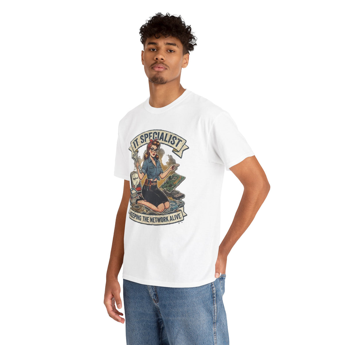IT Specialist pinup graphic tee | T-Shirt, Keeping the Network Alive design
