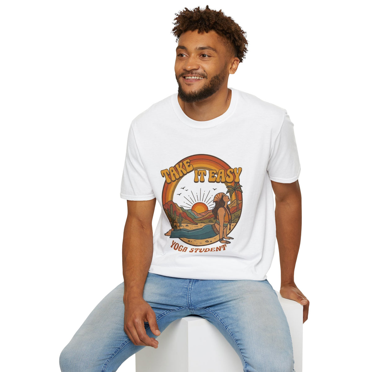 Take It Easy Yoga Student T-Shirt | Retro Sunset Surfing Pose