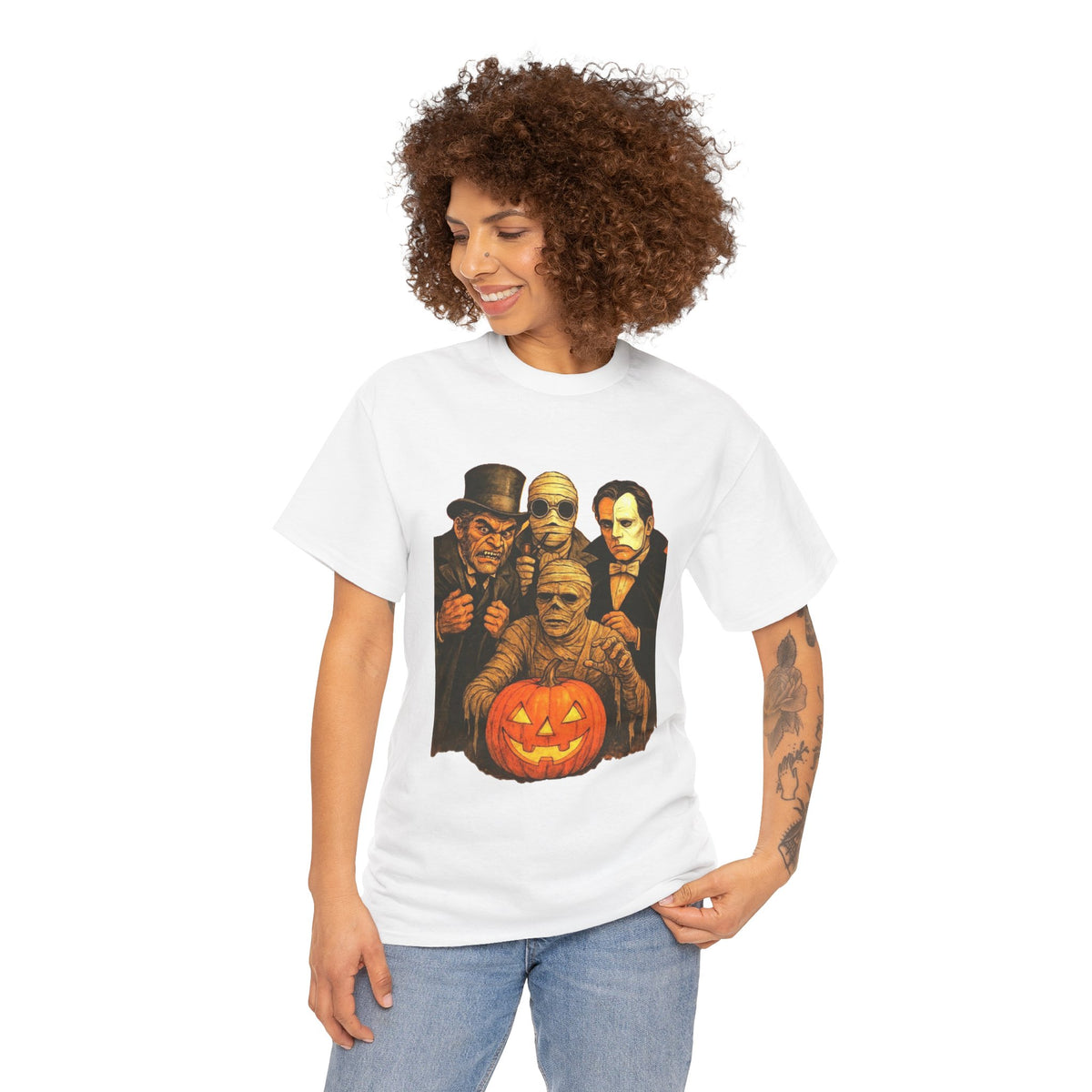 T-shirt Monstres classiques de l'horreur avec lanterne Jack-O'-Lantern | T-shirt équipe des monstres d'Halloween