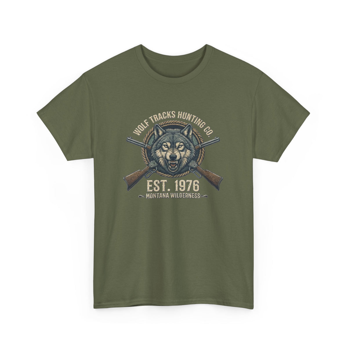 Wolf Head with Crossed Rifles T-Shirt | Hunting Club EST. 1976