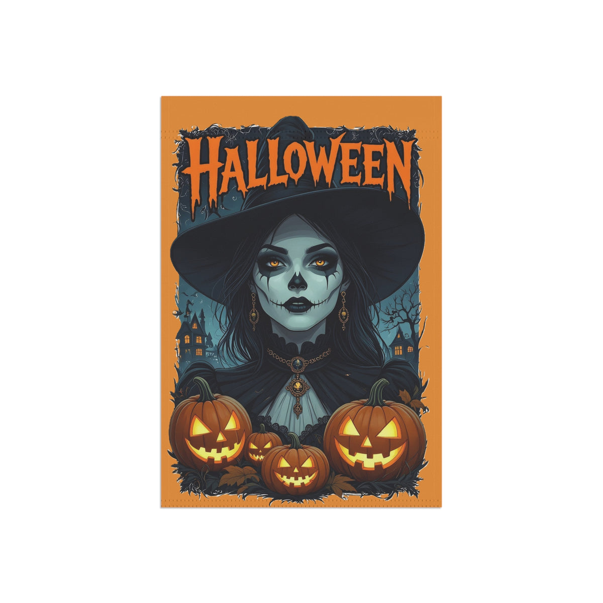 Spooky Witch with Jack-o'-Lanterns Garden Banner | Halloween Yard Flag