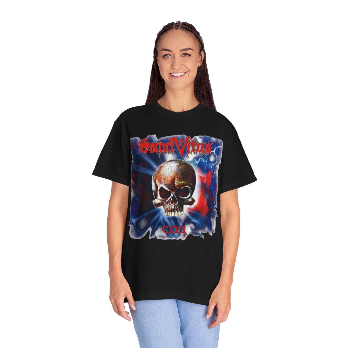 Saint Vitus Skull Graphic T-Shirt - Red Blue Gothic Artwork / Doom Metal Band Tee