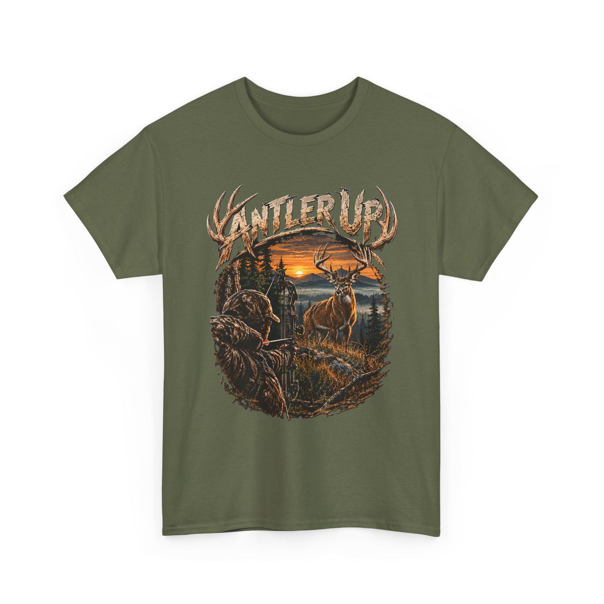 T-shirt Antler Up Deer Sunset | Scène de chasse, cerf en forêt