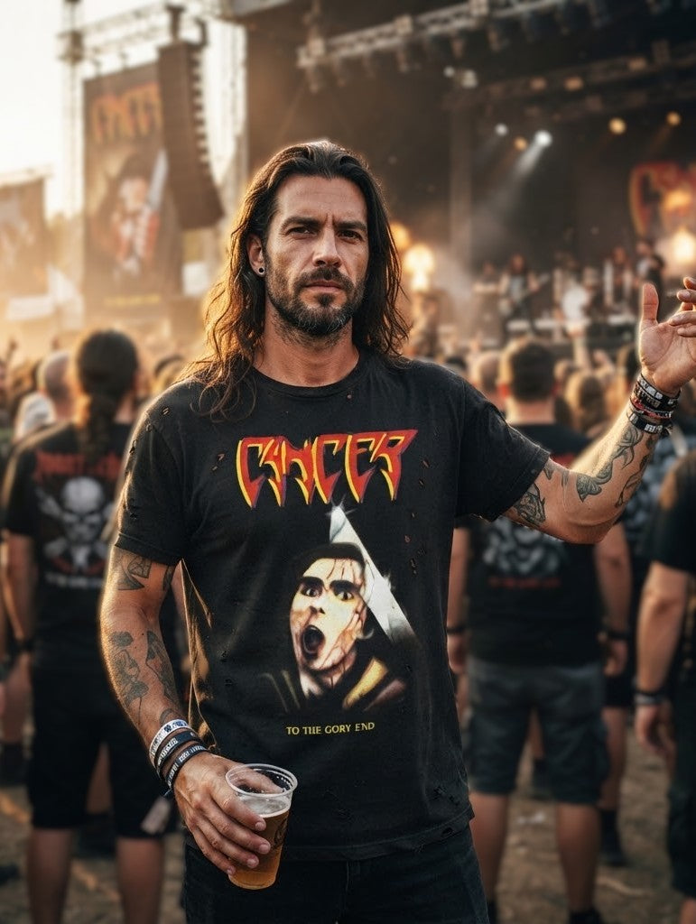Cancer To The Gory End Album Artwork Design T-Shirt / British Death-Thrash Metal Band Tee