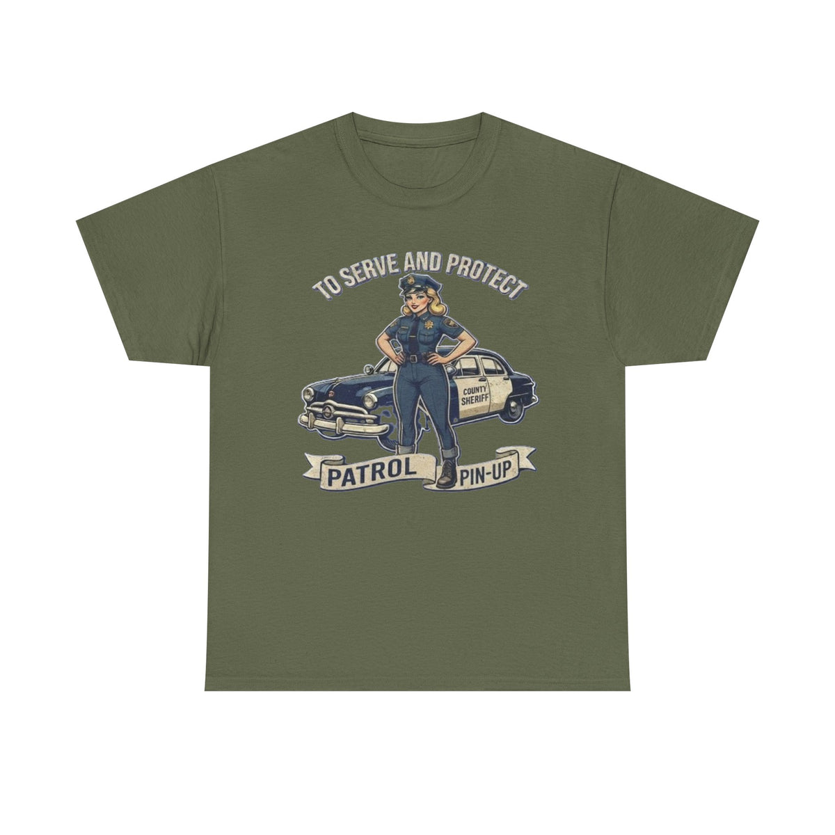 Patrol Pin-Up Policewoman T-Shirt | To Serve and Protect Vintage Car Design