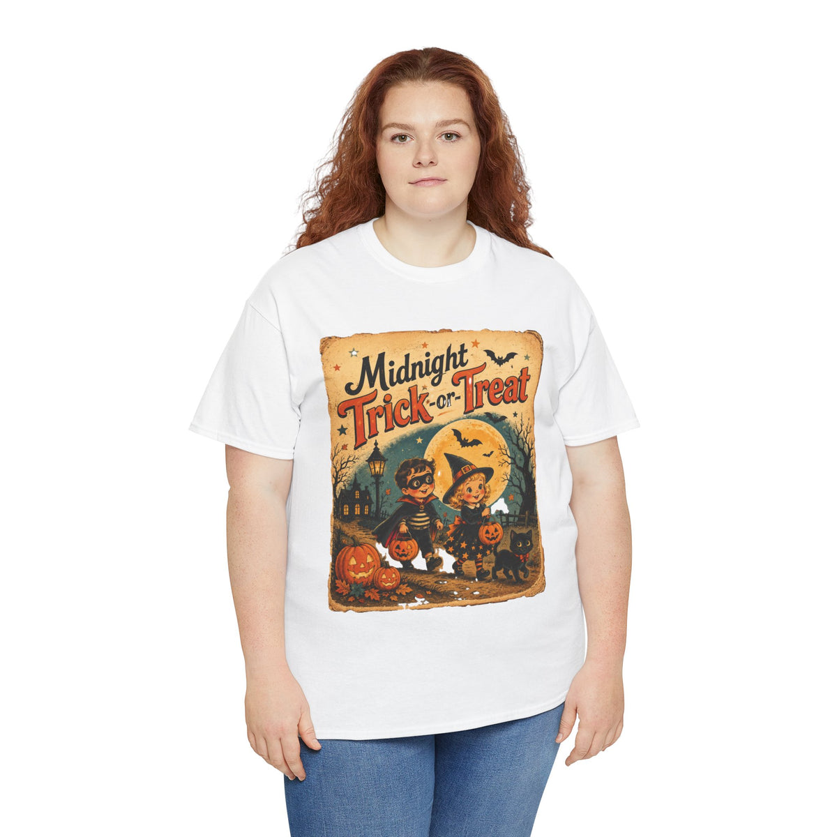Camiseta de Halloween para niños "Midnight Trick-or-Treat" | Diseño vintage de gato y calabaza