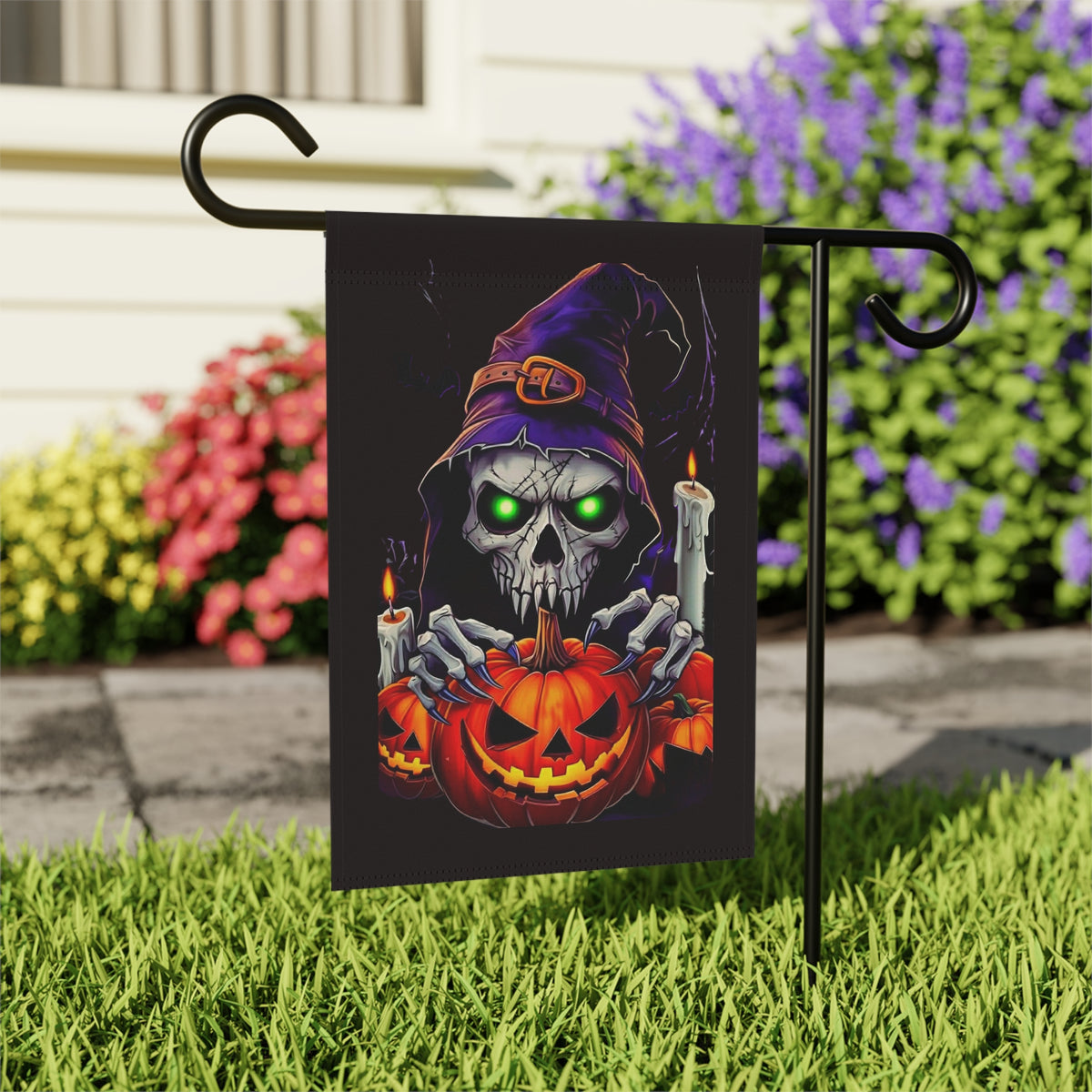 Skull Wizard with Jack-O'-Lantern Garden Flag | Halloween Yard Banner