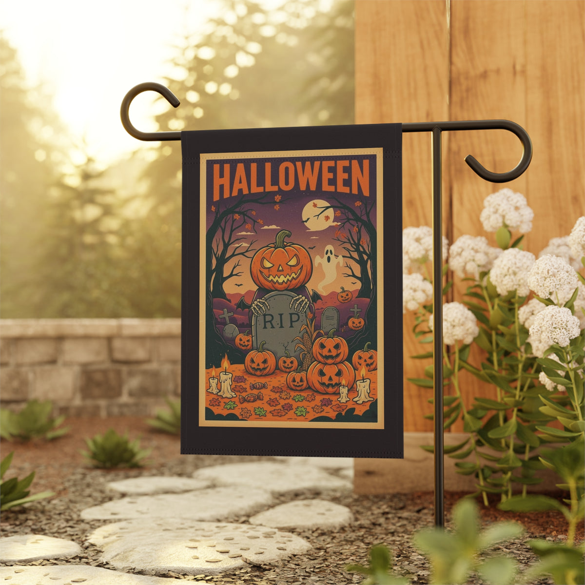 Vintage Pumpkin Graveyard Halloween Garden Banner | Outdoor Flag