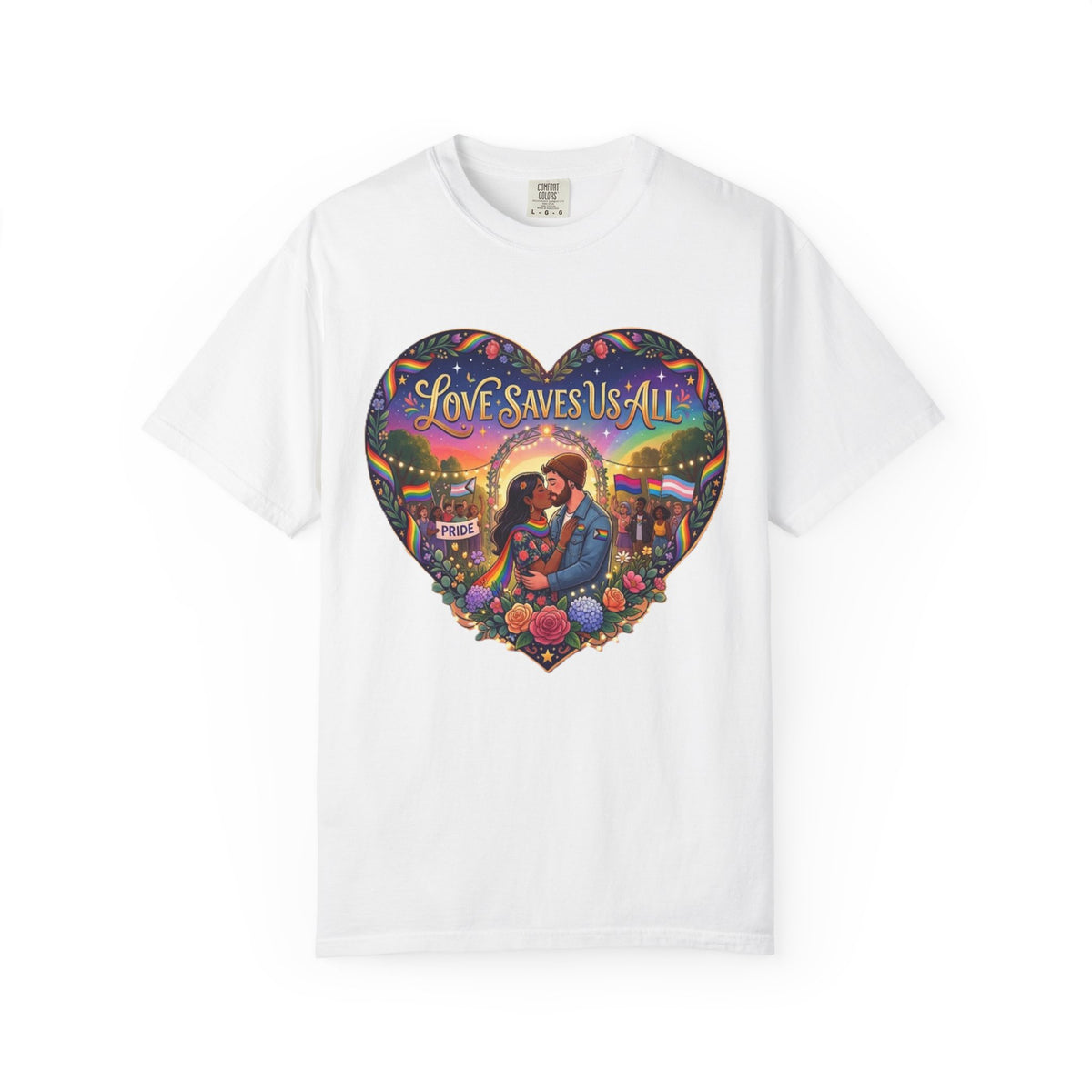 Love Saves Us All heart illustration LGBTQ T-shirt | Romantic couple, colorful sunset graphic scene tee