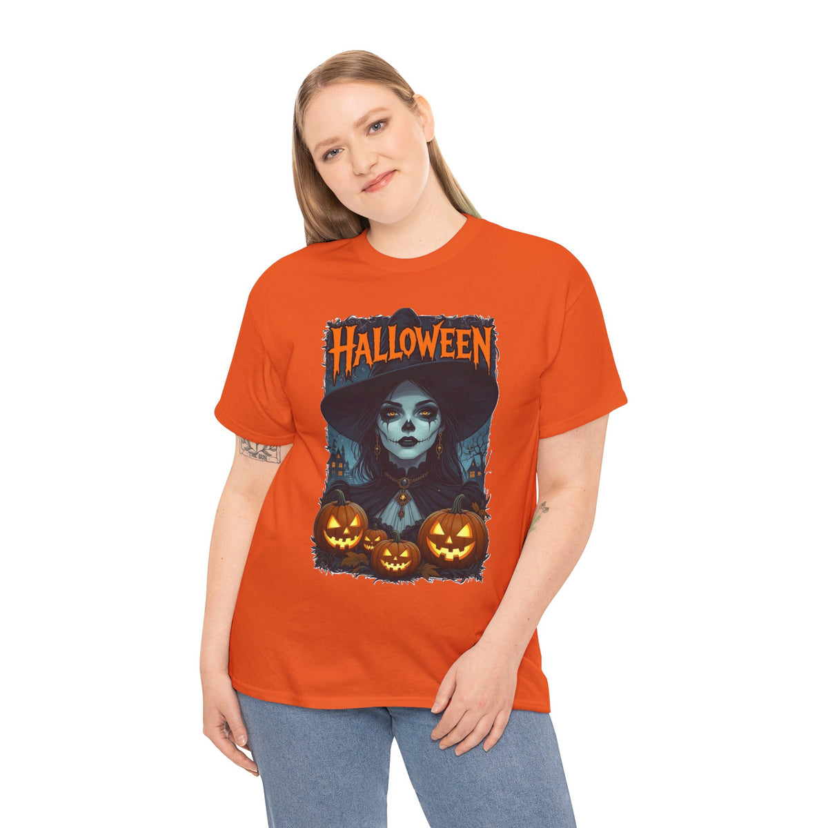 Camiseta de bruja con calabazas de Halloween | Camiseta de arte de calavera de Halloween