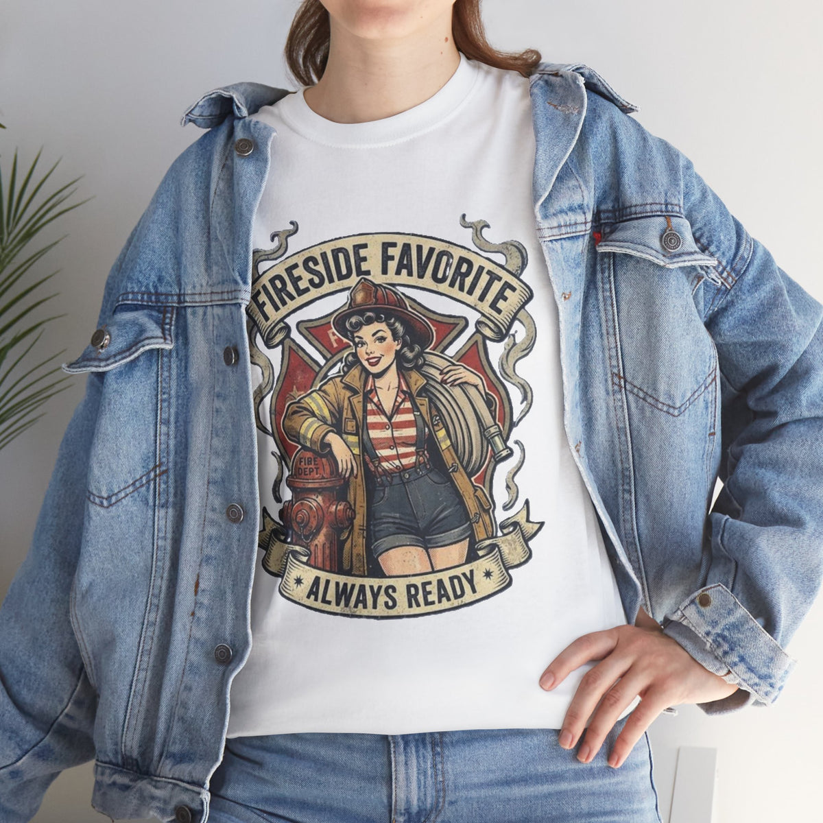 Fireside Favorite Pinup Firefighter Tee | Always Ready vintage badge
