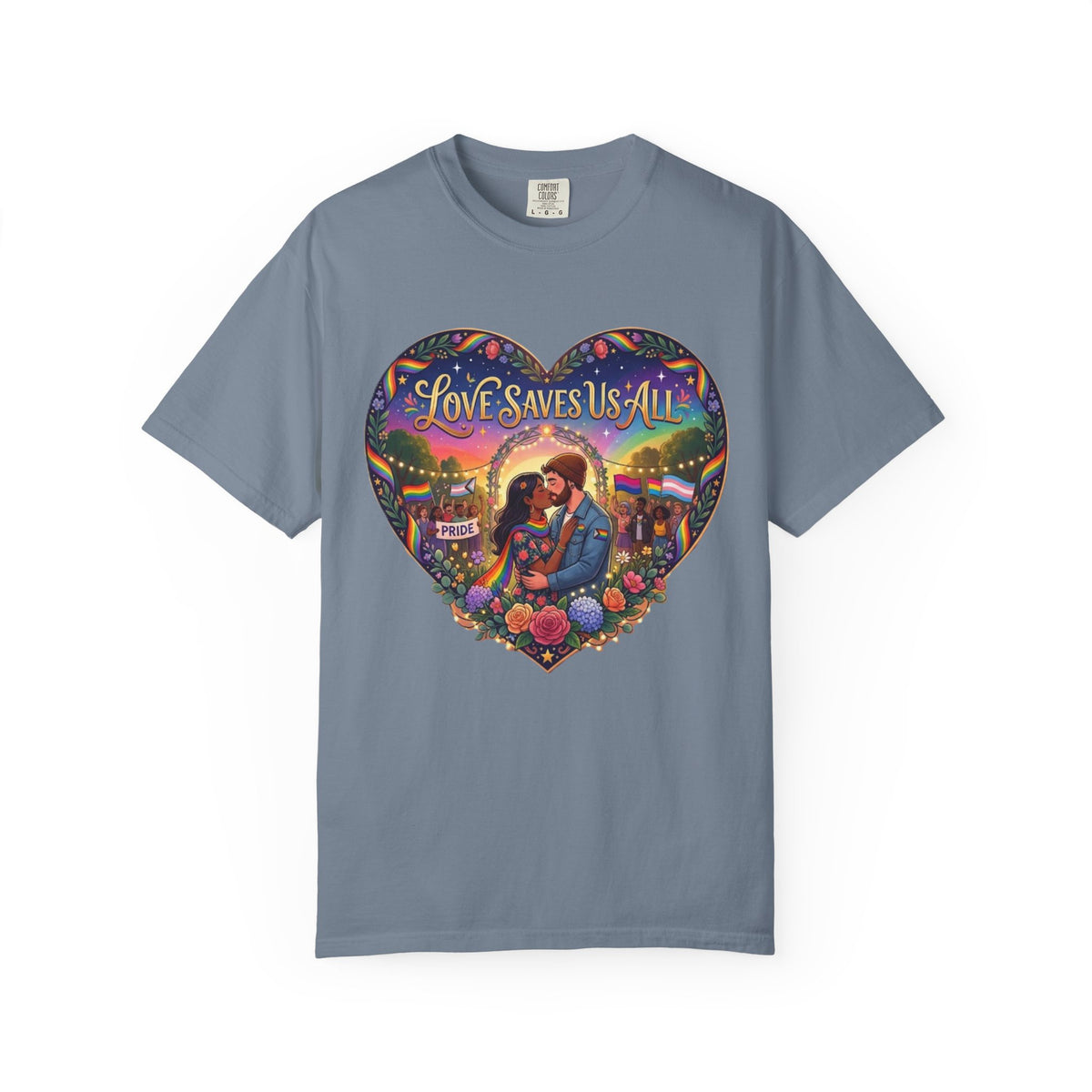 Love Saves Us All heart illustration LGBTQ T-shirt | Romantic couple, colorful sunset graphic scene tee