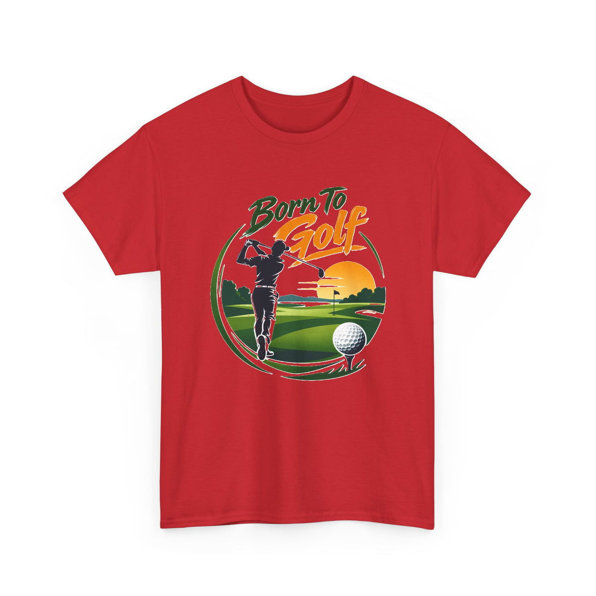 Camiseta Nacido para el golf | Silueta de golfista, escena de campo al atardecer