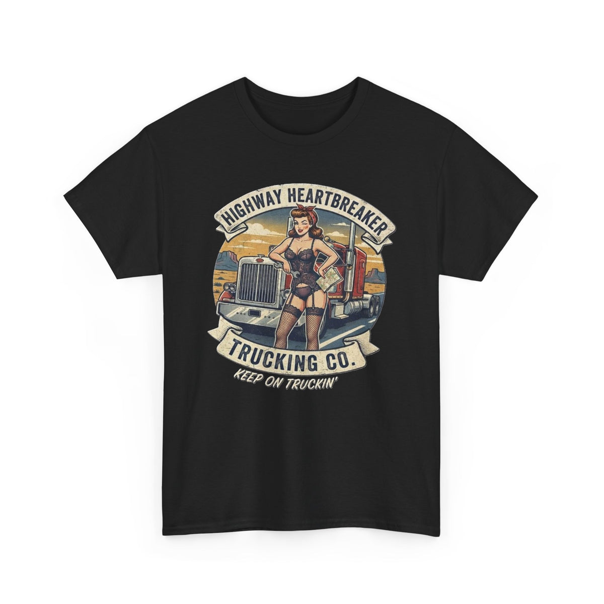 Highway Heartbreaker Trucking Co pinup girl T-Shirt | Trucker Rig Vintage Badge