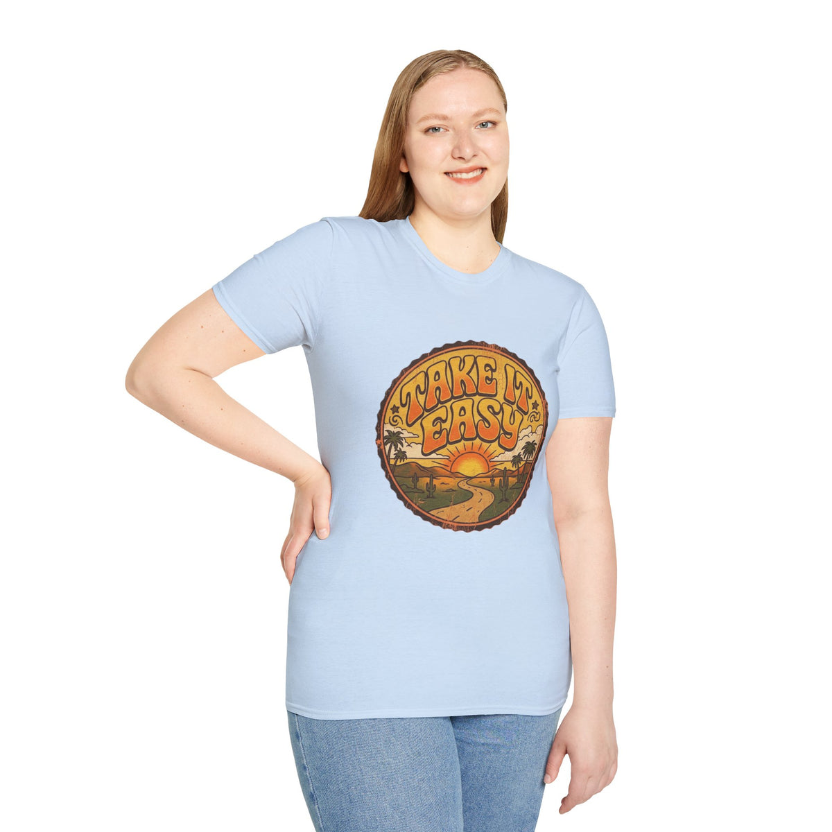 Camiseta Take It Easy con carretera al atardecer | gráfico retro de atardecer y palmeras