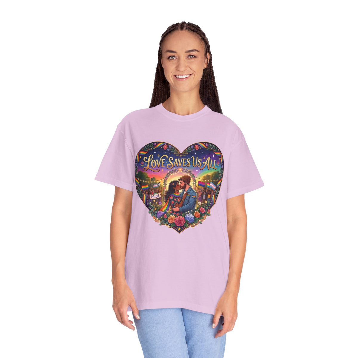 Love Saves Us All heart illustration LGBTQ T-shirt | Romantic couple, colorful sunset graphic scene tee
