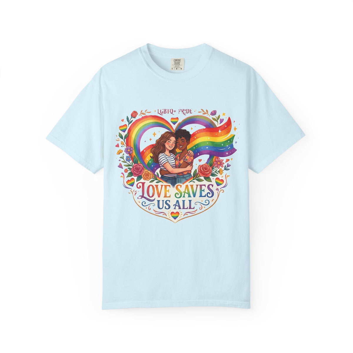 Love Saves Us All Rainbow heart LGBTQ Pride illustration T-Shirt | Pride queer couple design tee