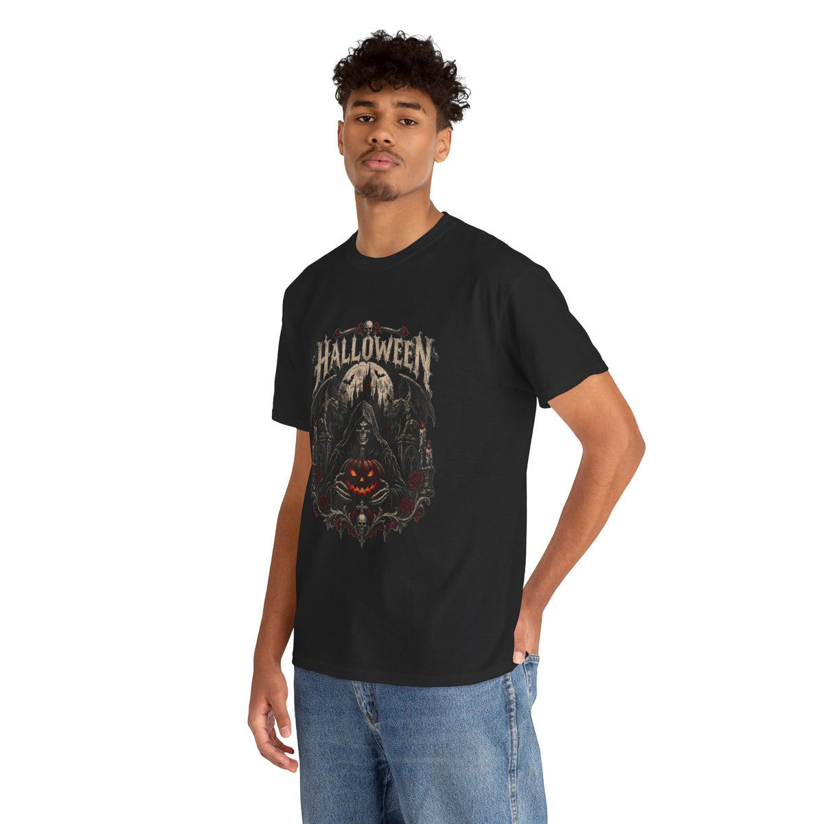 Camiseta de Halloween de calavera y calabaza | Camiseta de Jack-O'-Lantern en bosque espeluznante