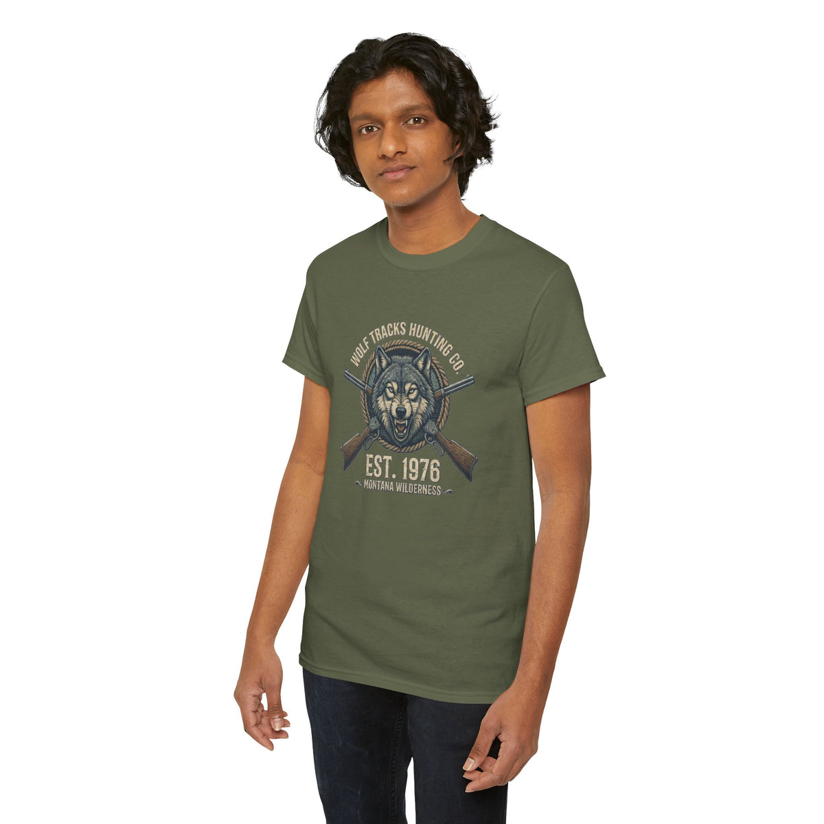 Wolf Head with Crossed Rifles T-Shirt | Hunting Club EST. 1976