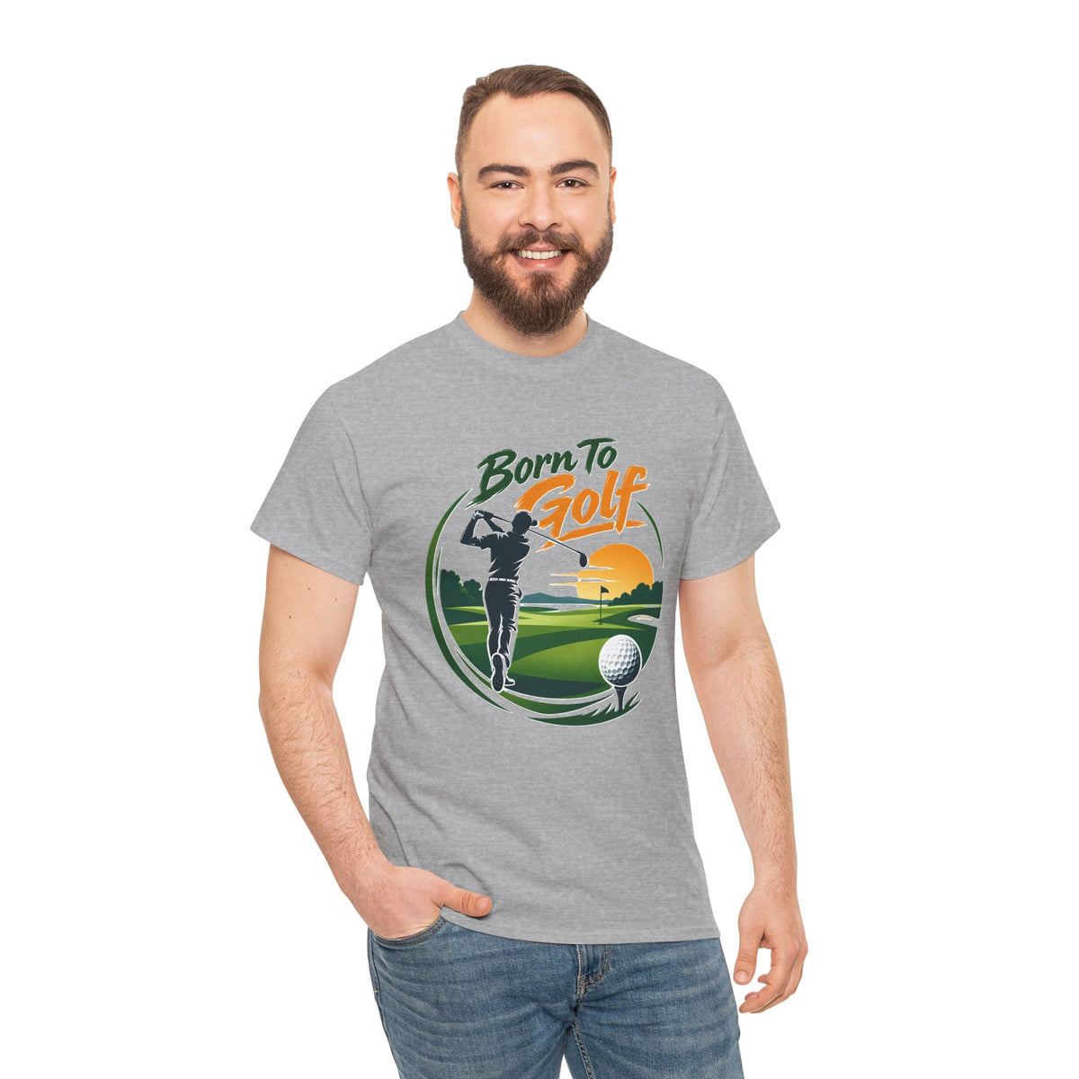 Camiseta Nacido para el golf | Silueta de golfista, escena de campo al atardecer