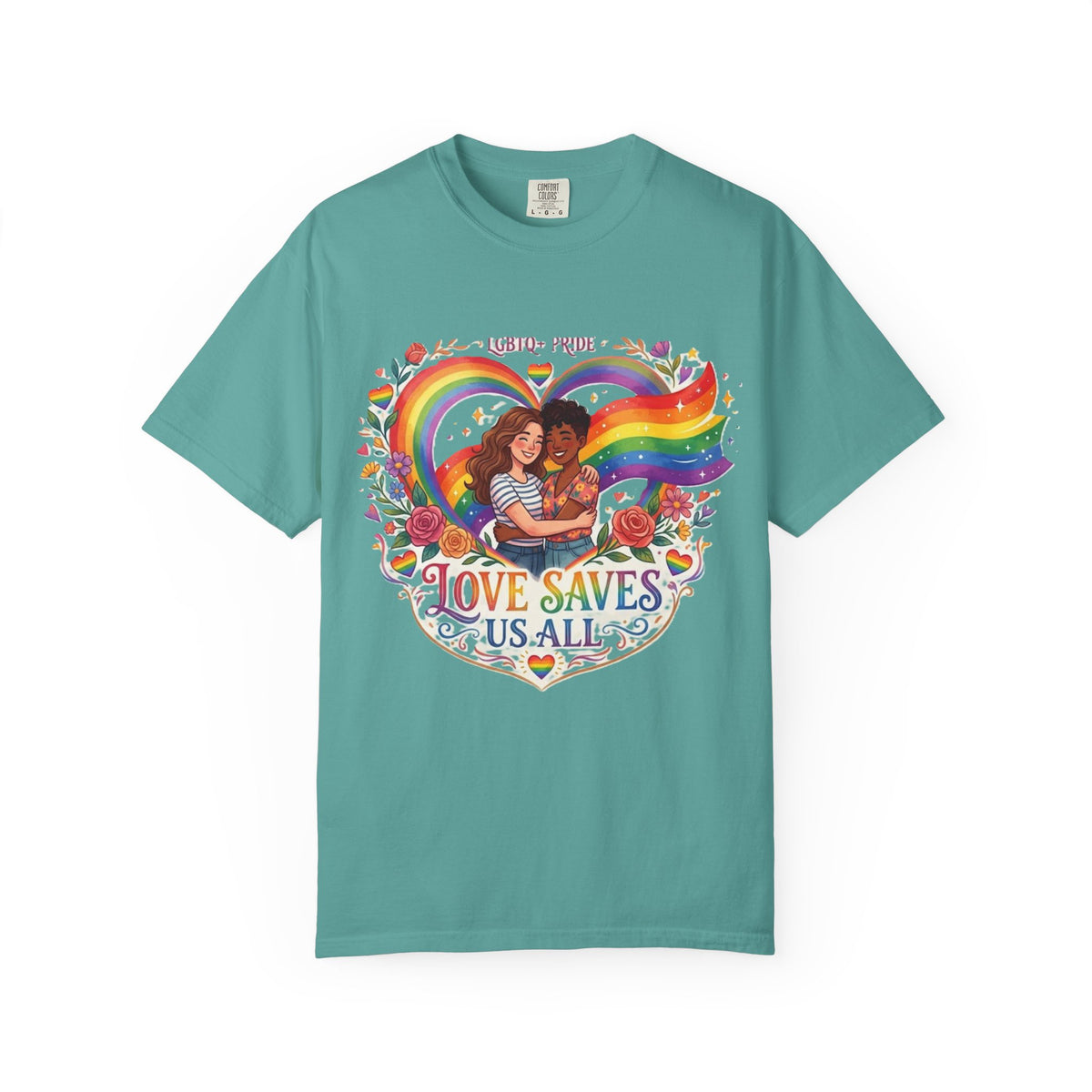 Love Saves Us All Rainbow heart LGBTQ Pride illustration T-Shirt | Pride queer couple design tee