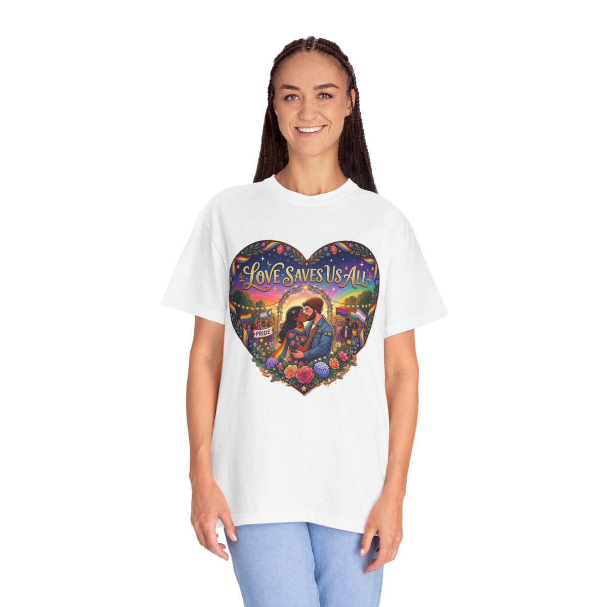 Love Saves Us All heart illustration LGBTQ T-shirt | Romantic couple, colorful sunset graphic scene tee