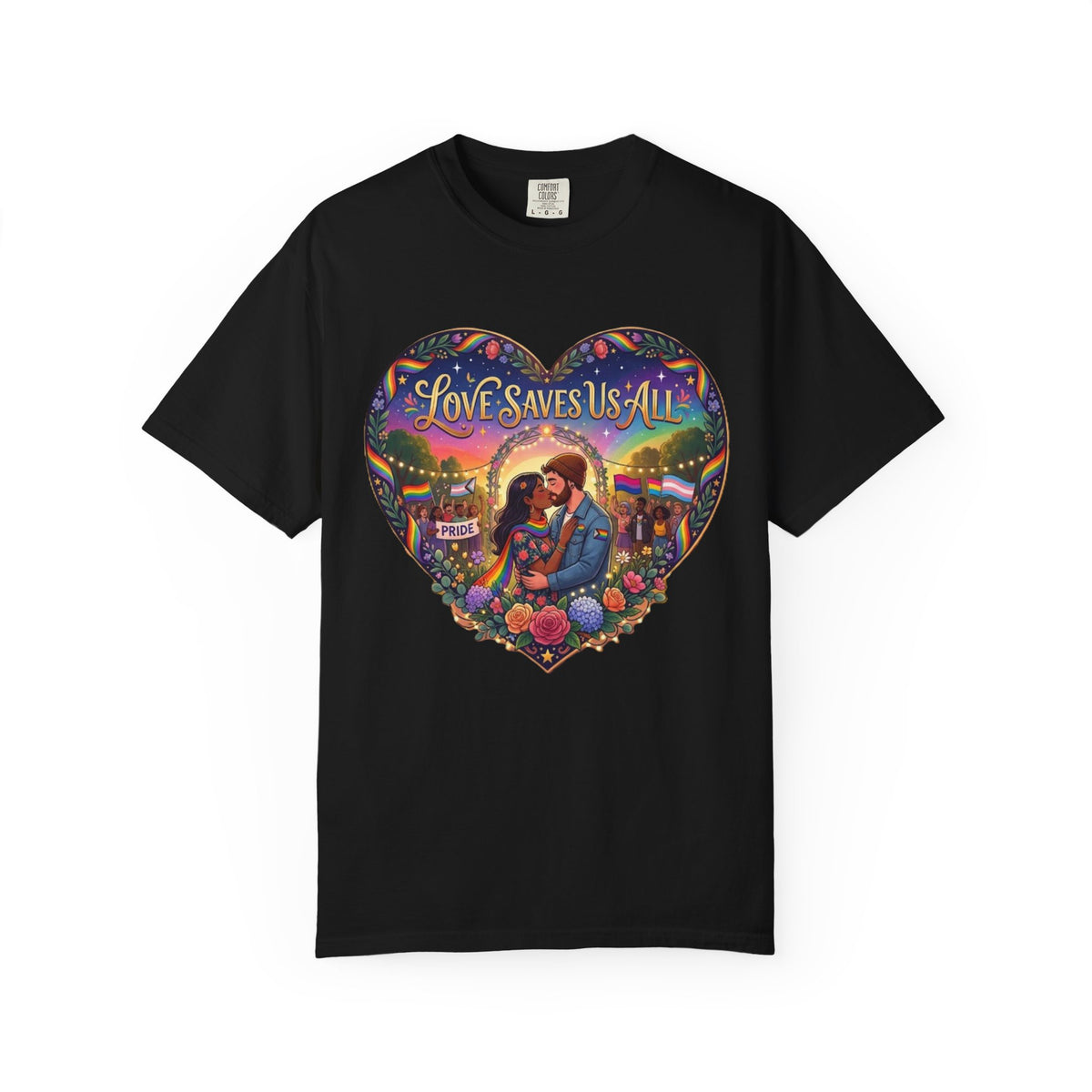 Love Saves Us All heart illustration LGBTQ T-shirt | Romantic couple, colorful sunset graphic scene tee
