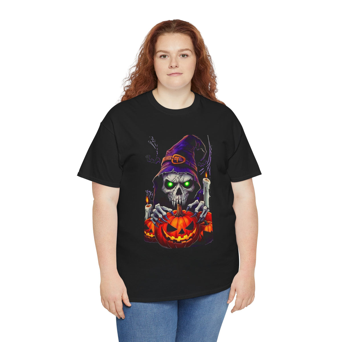 Grinning Skull Witch with Jack-O'-Lantern Tee | Halloween Skull Shirt