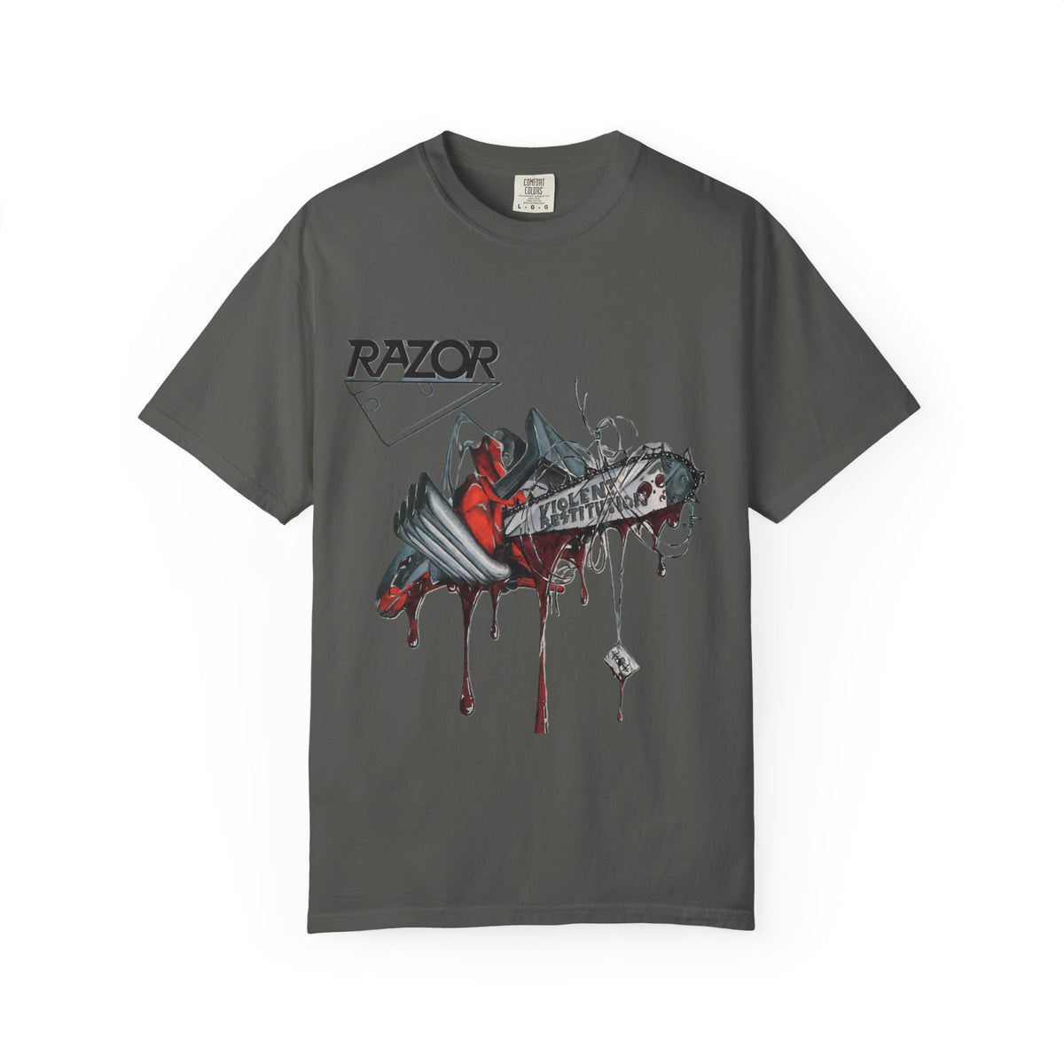 Camiseta de la banda de thrash metal Razor, diseño del álbum Violent Restitution con una motosierra goteando sangre