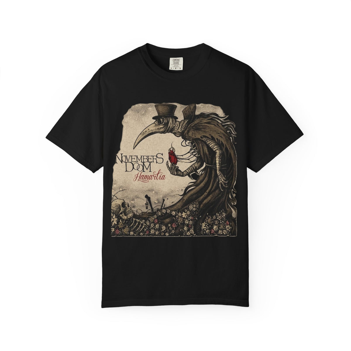 T-shirt du groupe de gothic doom metal Novembers Doom avec l'illustration médiévale de l'album Hamartia