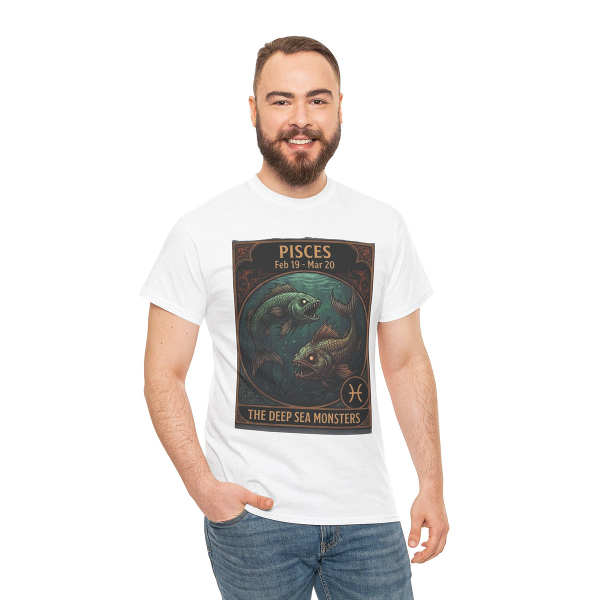 T-shirt Poissons : Monstres des abysses | Design d'affiche astrologique du zodiaque pour Halloween