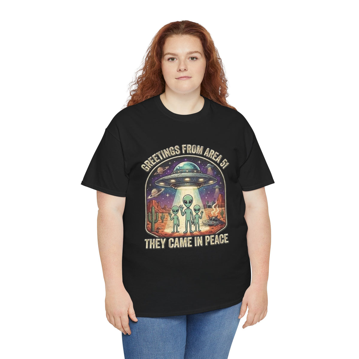 Greetings From Area 51 They Came In Peace Tee | Alien UFO Desert Scene
